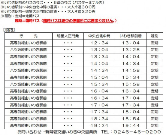 いわき明星大学大学入試センター試験臨時運行バス時刻表1月15日(日)2