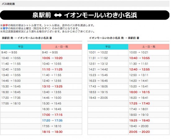 イオンモールいわき小名浜店からいわき駅・泉駅間の路線バスの時刻表 2018年6月