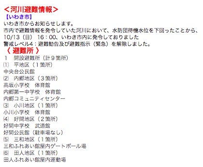 福島県いわき市台風19号の影響による給水所や避難所の情報 2019年10月14日(月)